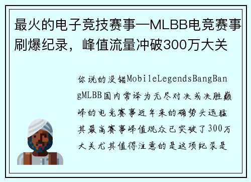 最火的电子竞技赛事—MLBB电竞赛事刷爆纪录，峰值流量冲破300万大关